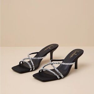 Birdine Black Satin Rhinestone High Heel Sandals